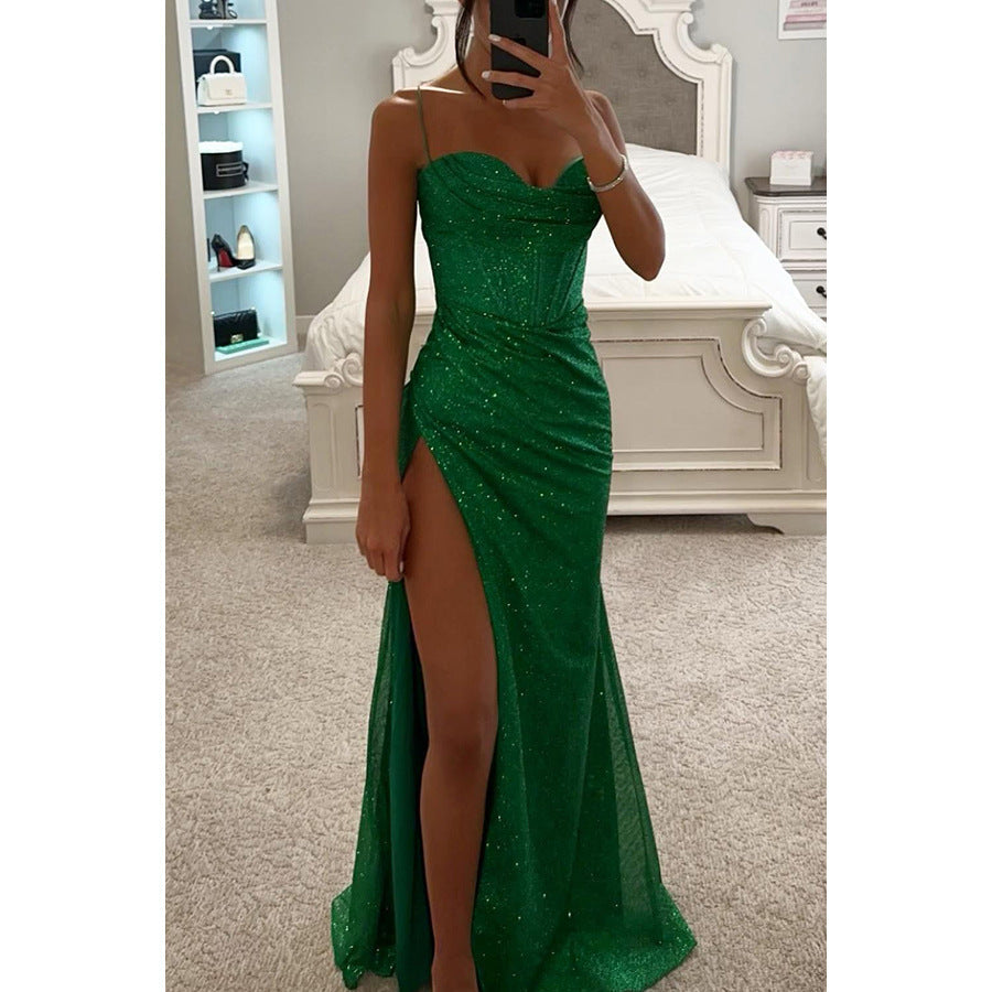 Women's elegant shimmering maxi dress with a sexy split hem. A glamorous formal evening gown for special events.