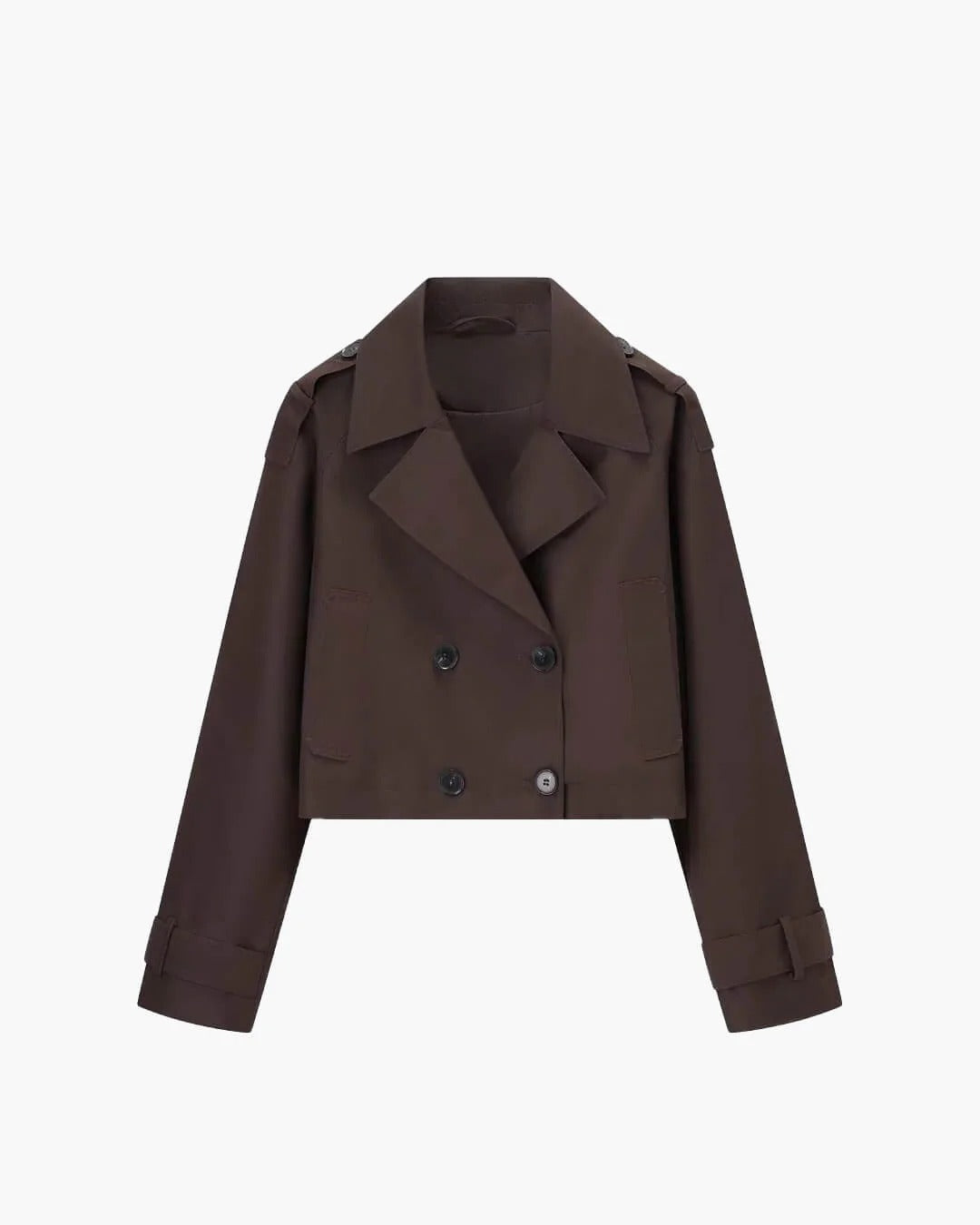 Fashionable women's short double-breasted trench coat. Elegant coffee outerwear, a classic for smart casual style.