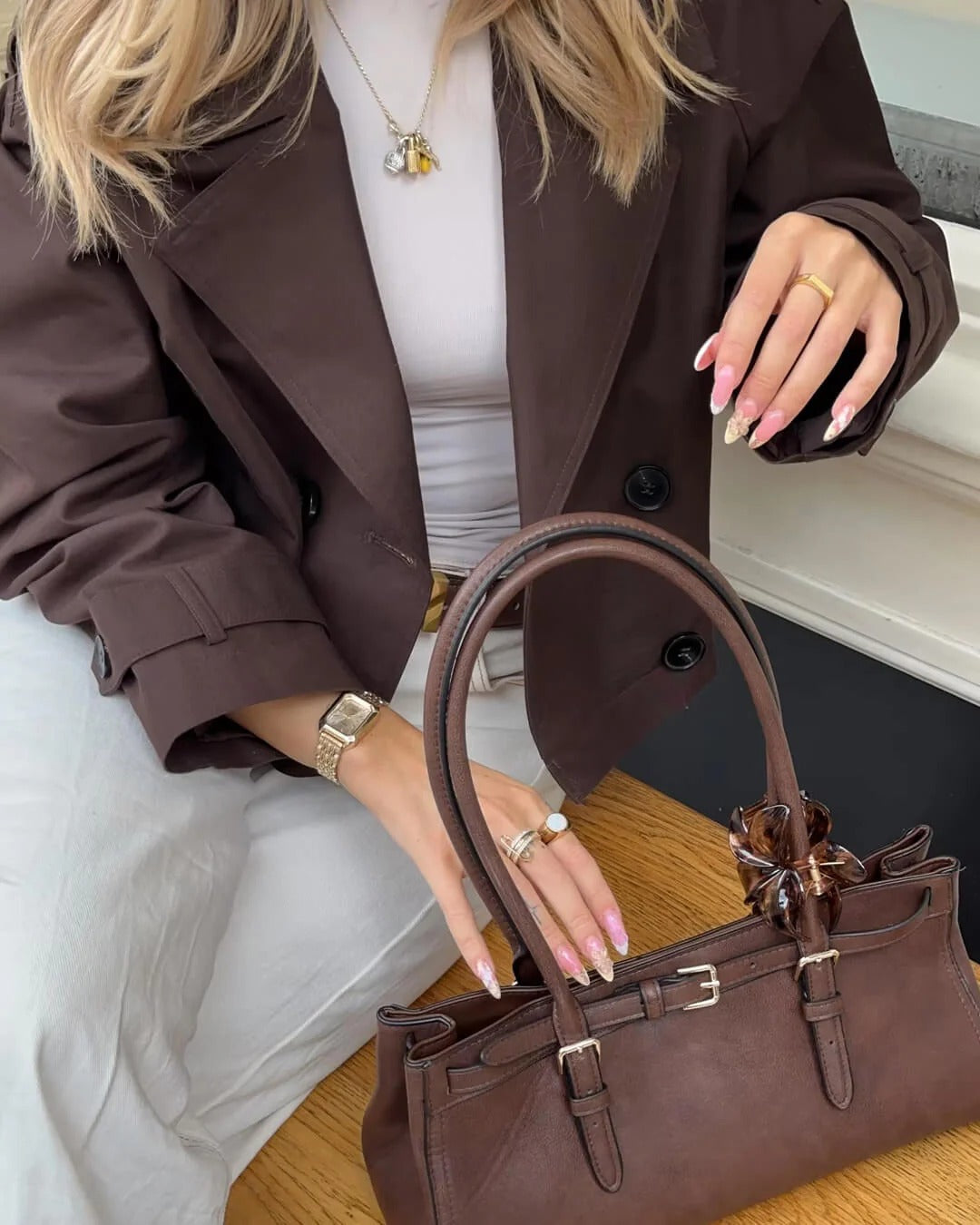 Women's Short Double Breasted Khaki Trench Coat. Classic, elegant transitional outerwear, ideal for layering.