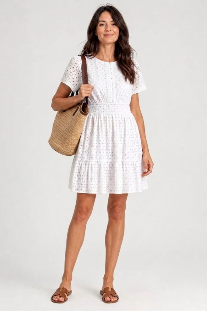 Women's short flutter sleeve eyelet mini dress in white, perfect for summer casual wear & day outings.