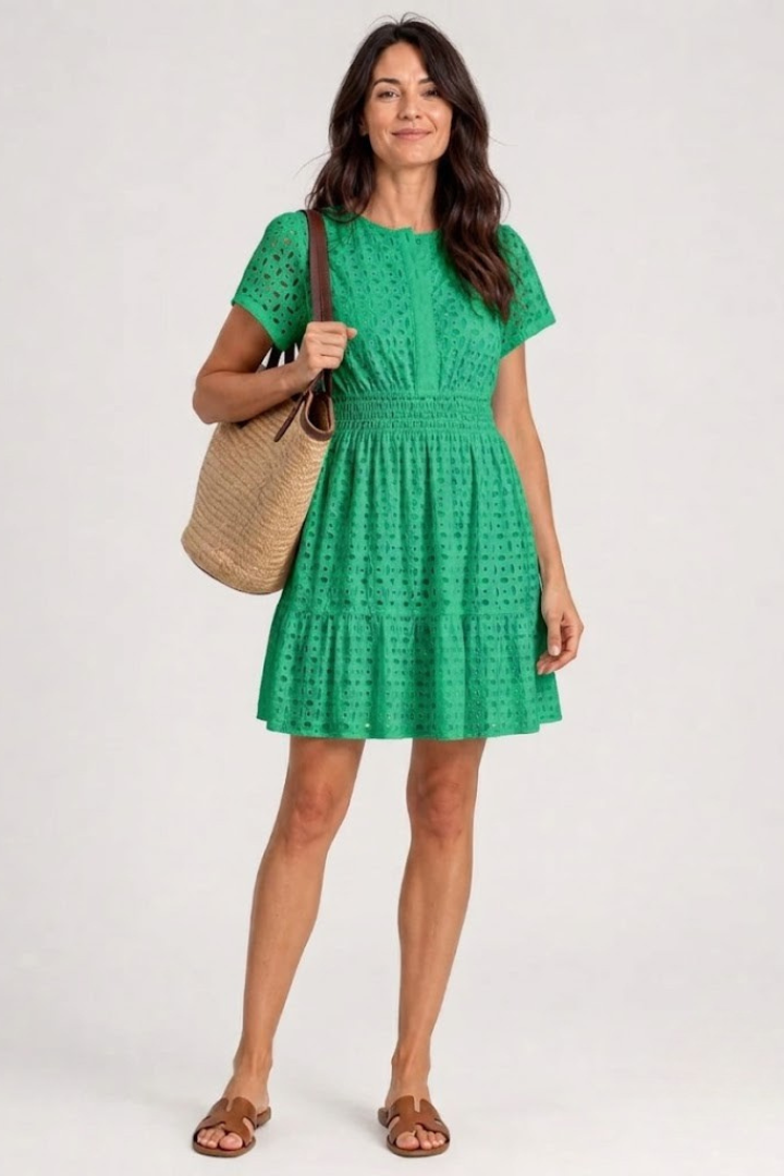 Textured white eyelet mini dress with airy flutter sleeves, a breezy & comfortable choice for warm summer days.