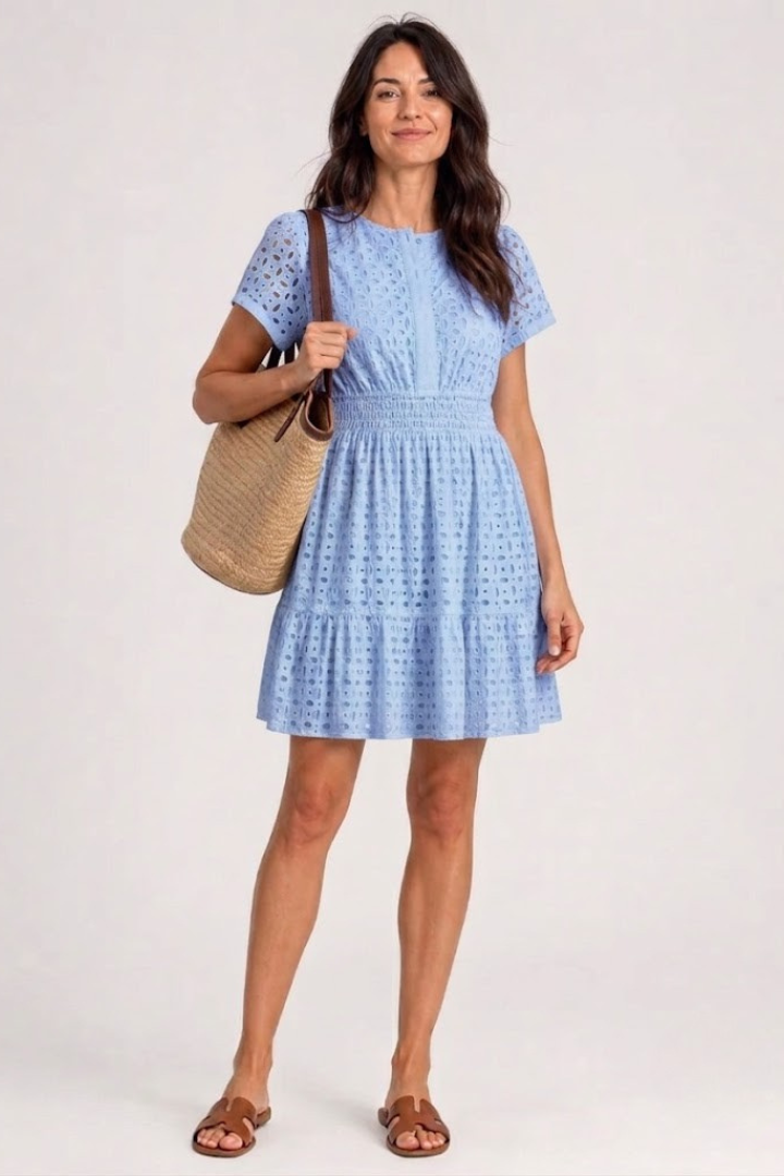 Lightweight women's eyelet mini dress with delicate flutter sleeves, a versatile short summer dress for any occasion.