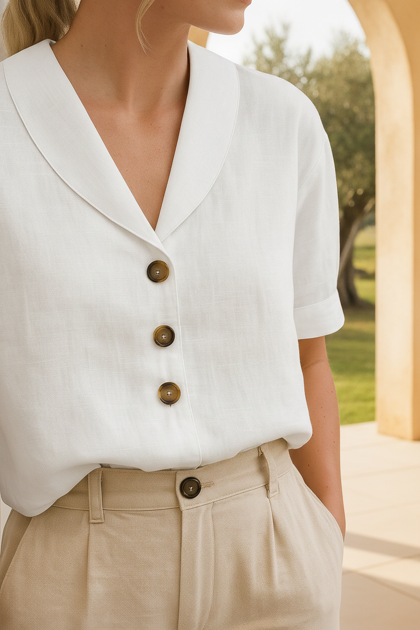 Women's short sleeve button front blouse with elegant shawl collar for smart casual and resort wear.