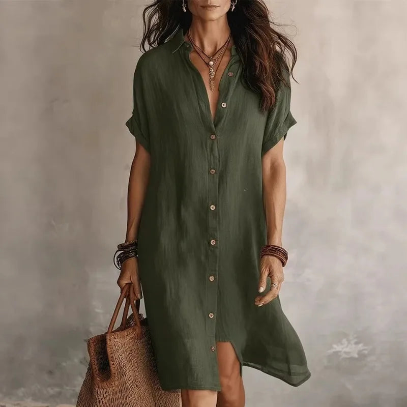 Relaxed fit women's short sleeve midi shirt dress with button front, perfect smart casual collar dress.