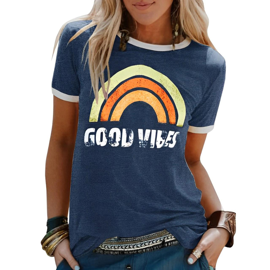 Women's short-sleeve crew neck t-shirt with a vibrant rainbow graphic for a positive, casual look.