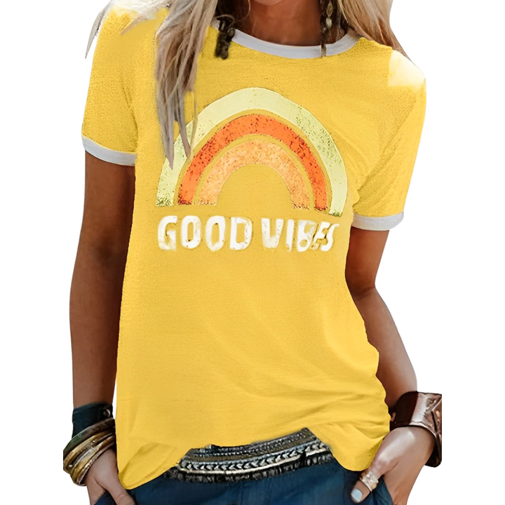 Stylish women's rainbow graphic top, a short-sleeve crew neck for a cheerful summer fashion statement.