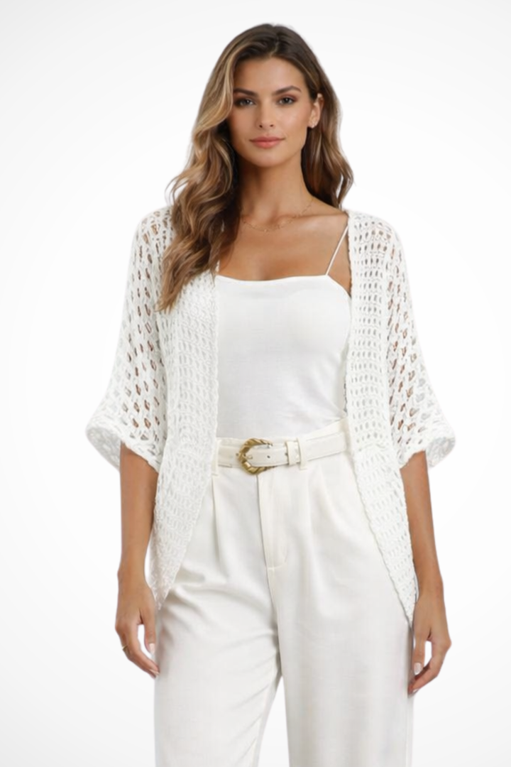 Women's short sleeve crochet cardigan, open front, lightweight for effortless summer layering.