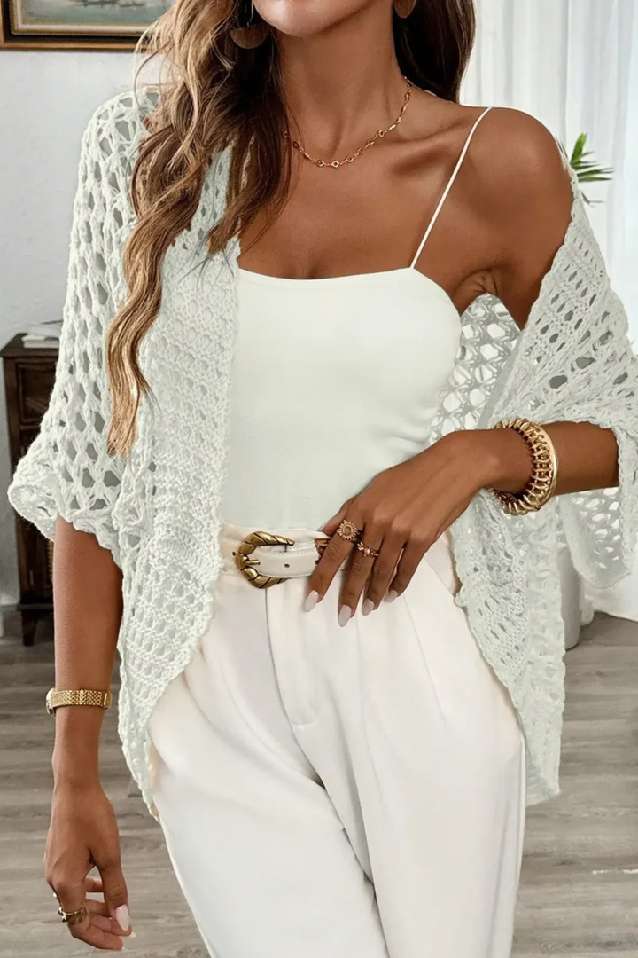 Stylish open front crochet cardigan for women, short sleeve, perfect lightweight spring or summer layering piece.