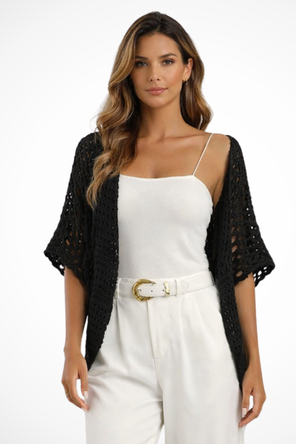 Textured women's crochet cardigan, short sleeve, open front, a lightweight knit for casual summer wear.