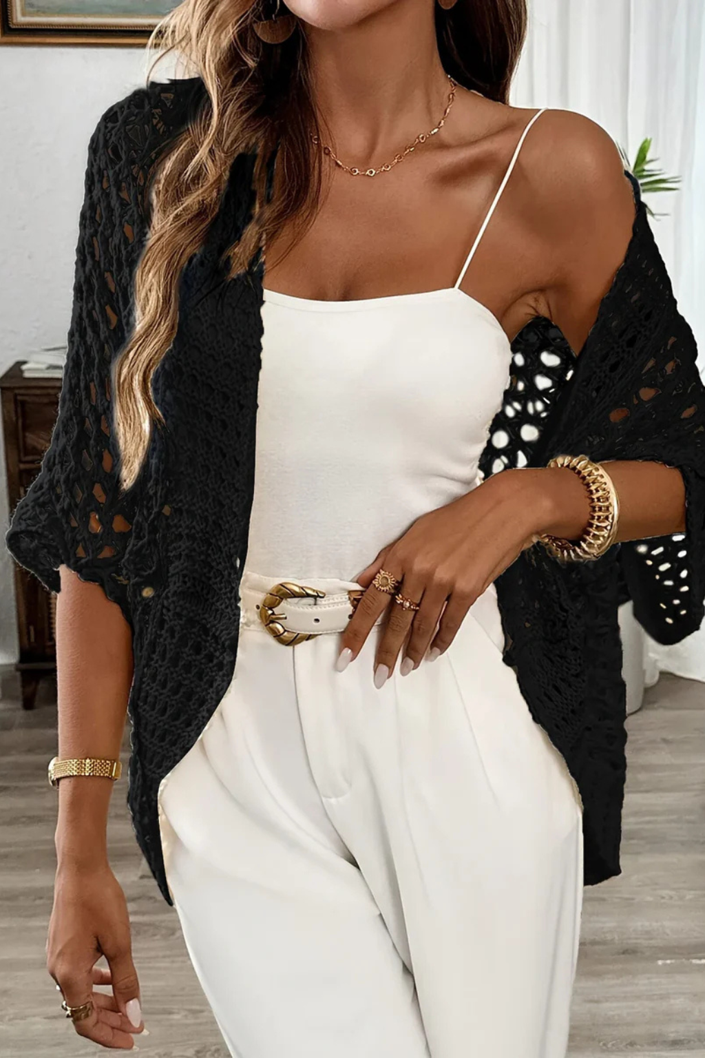 Versatile women's short sleeve crochet cardigan, open front, ideal as a beach cover-up or casual top.