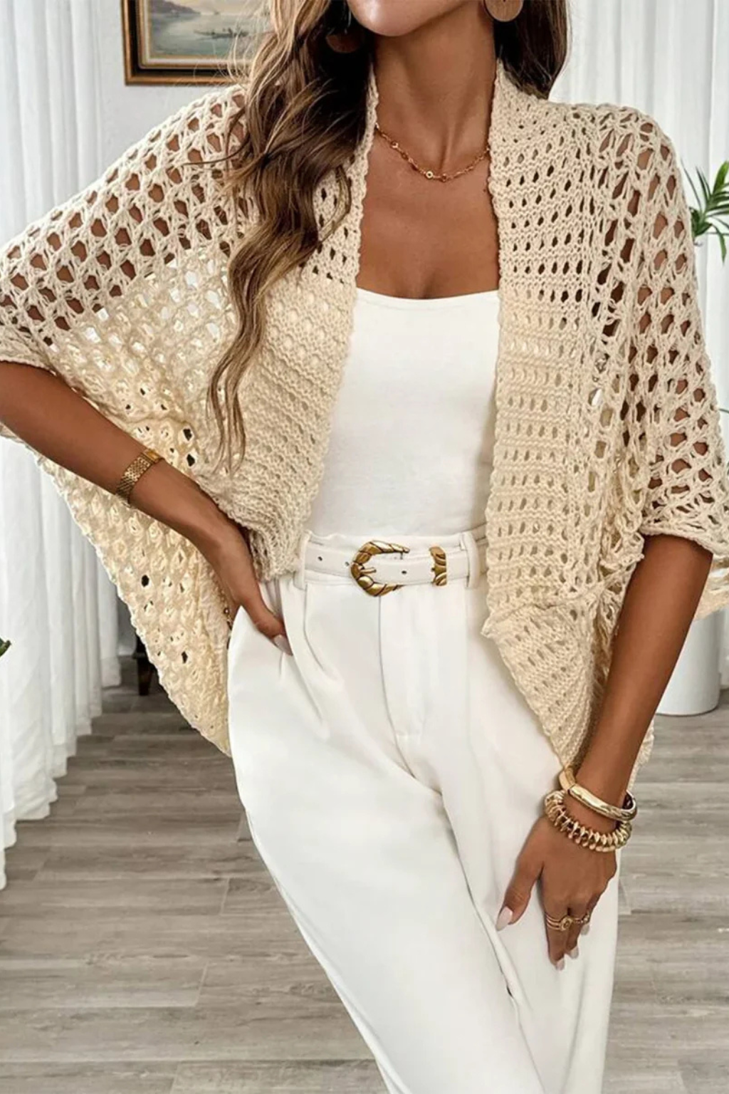 Lightweight women's summer knit, short sleeve open front crochet cardigan for warm weather layering.