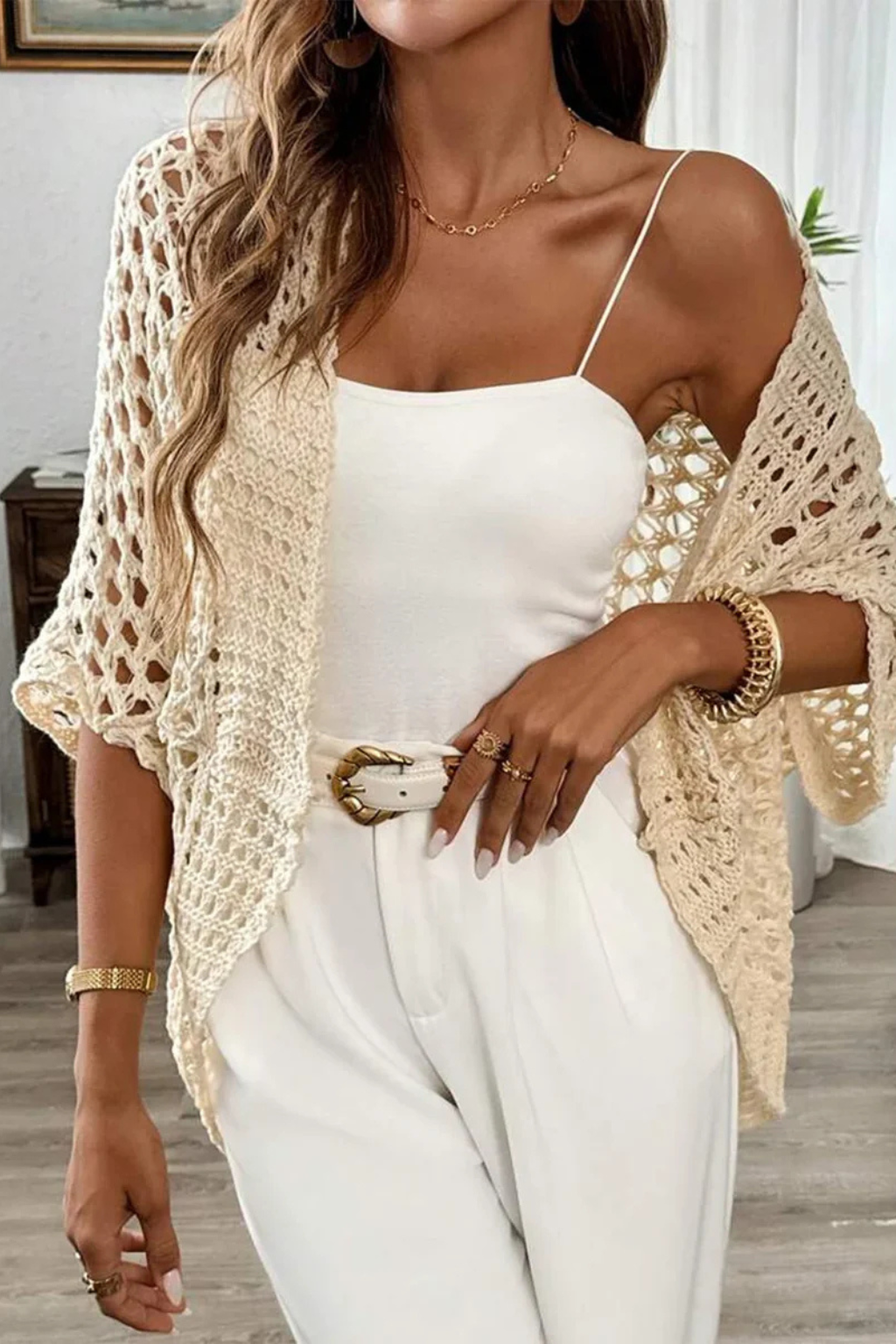 Casual women's open front crochet cardigan, short sleeve, perfect lightweight layering for spring & summer days.