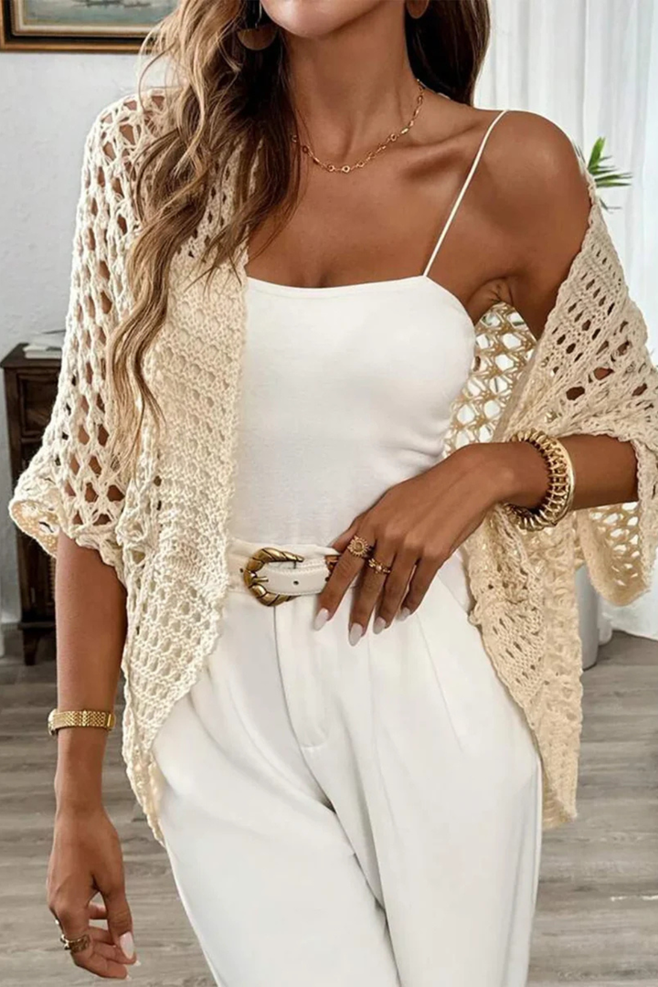 Casual women's open front crochet cardigan, short sleeve, perfect lightweight layering for spring & summer days.