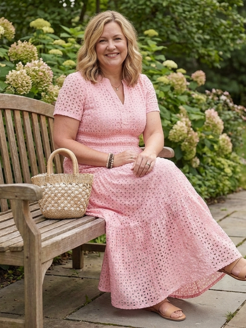 Comfortable pink short sleeve eyelet tiered midi dress for women, ideal for spring daily wear.