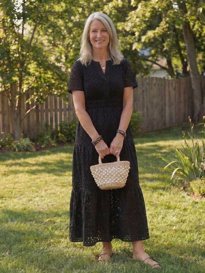Chic women's eyelet tiered midi dress with short sleeves, a comfortable choice for summer fashion.