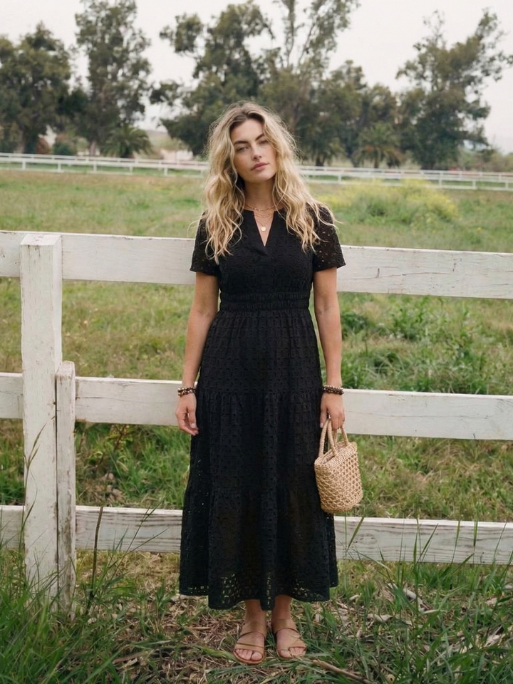 Lightweight women's short sleeve eyelet tiered midi dress, a stylish choice for spring & summer.