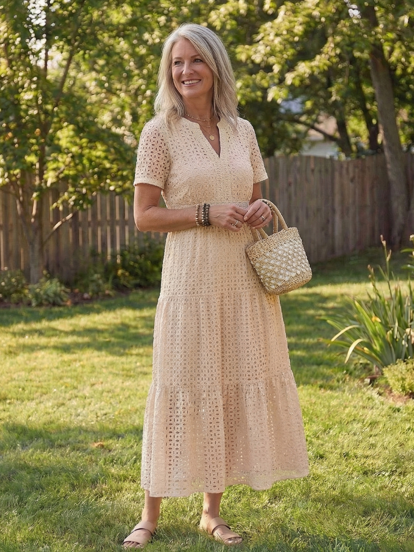 Women's short sleeve eyelet tiered midi dress, a versatile and comfortable summer/spring essential.