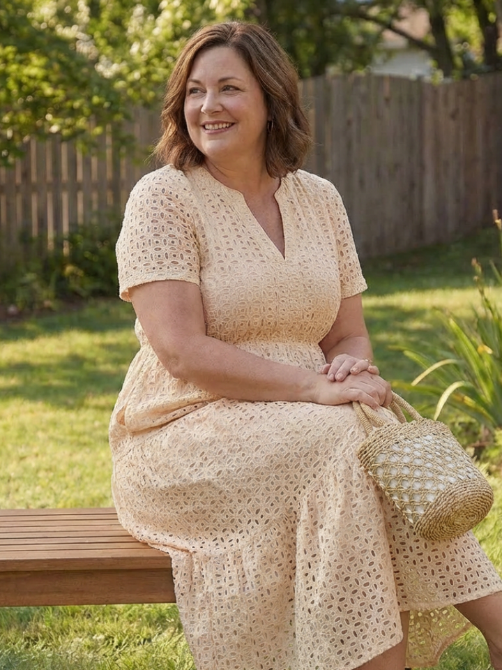 Elegant pink women's eyelet tiered midi dress with short sleeves, perfect for casual summer days.