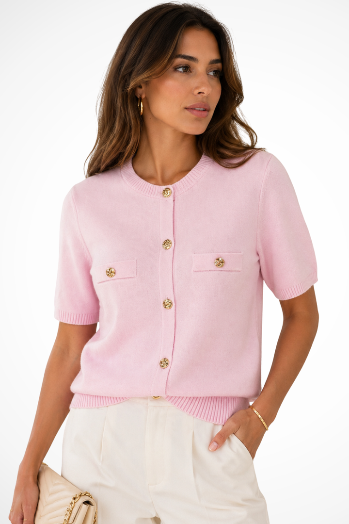 Women's short sleeve summer cardigan with round neck & gold buttons, lightweight for elegant casual style.