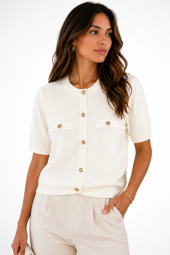 Lightweight women's short sleeve summer cardigan, round neck with stylish gold buttons & pocket detail.