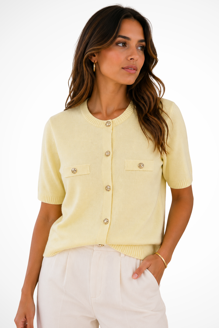 Versatile women's short sleeve summer cardigan, gold buttons, perfect casual or elegant lightweight layer.