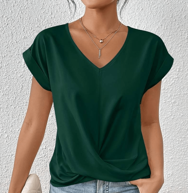 Women's short sleeve V-neck top with stylish twist front detail, perfect for casual or elegant summer wear.
