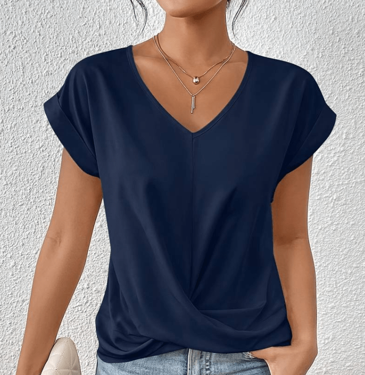 Comfy women's twist front V-neck blouse, versatile for everyday wear. Relaxed fit short sleeve summer top.