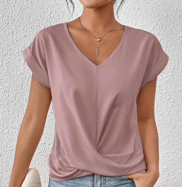 Chic women's twist front V-neck top in a relaxed fit, short sleeve design for versatile casual and elegant looks.
