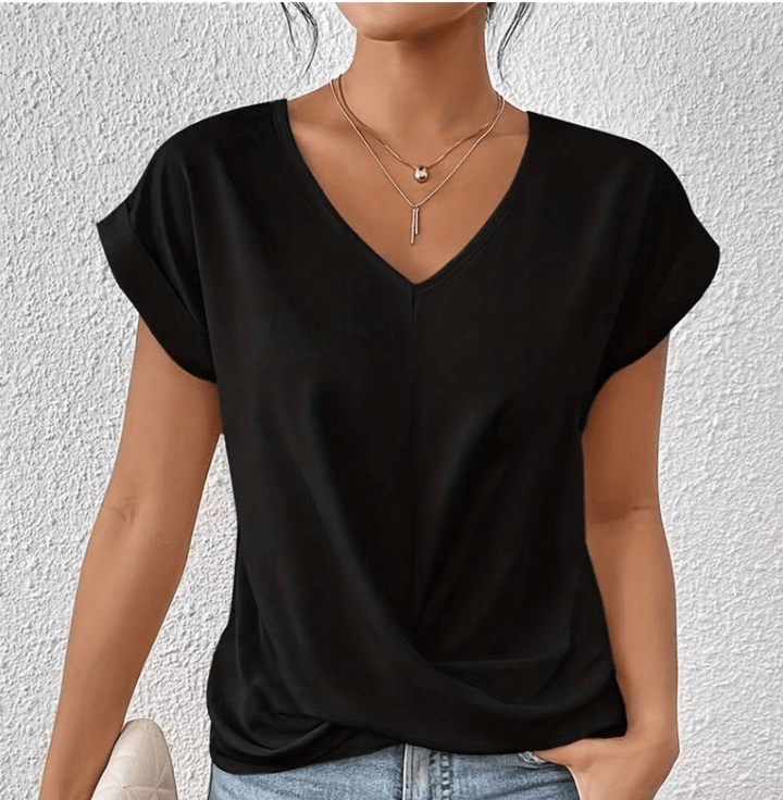 Women's short sleeve V-neck twist front blouse, a comfortable and elegant top for daily wear or summer outfits.