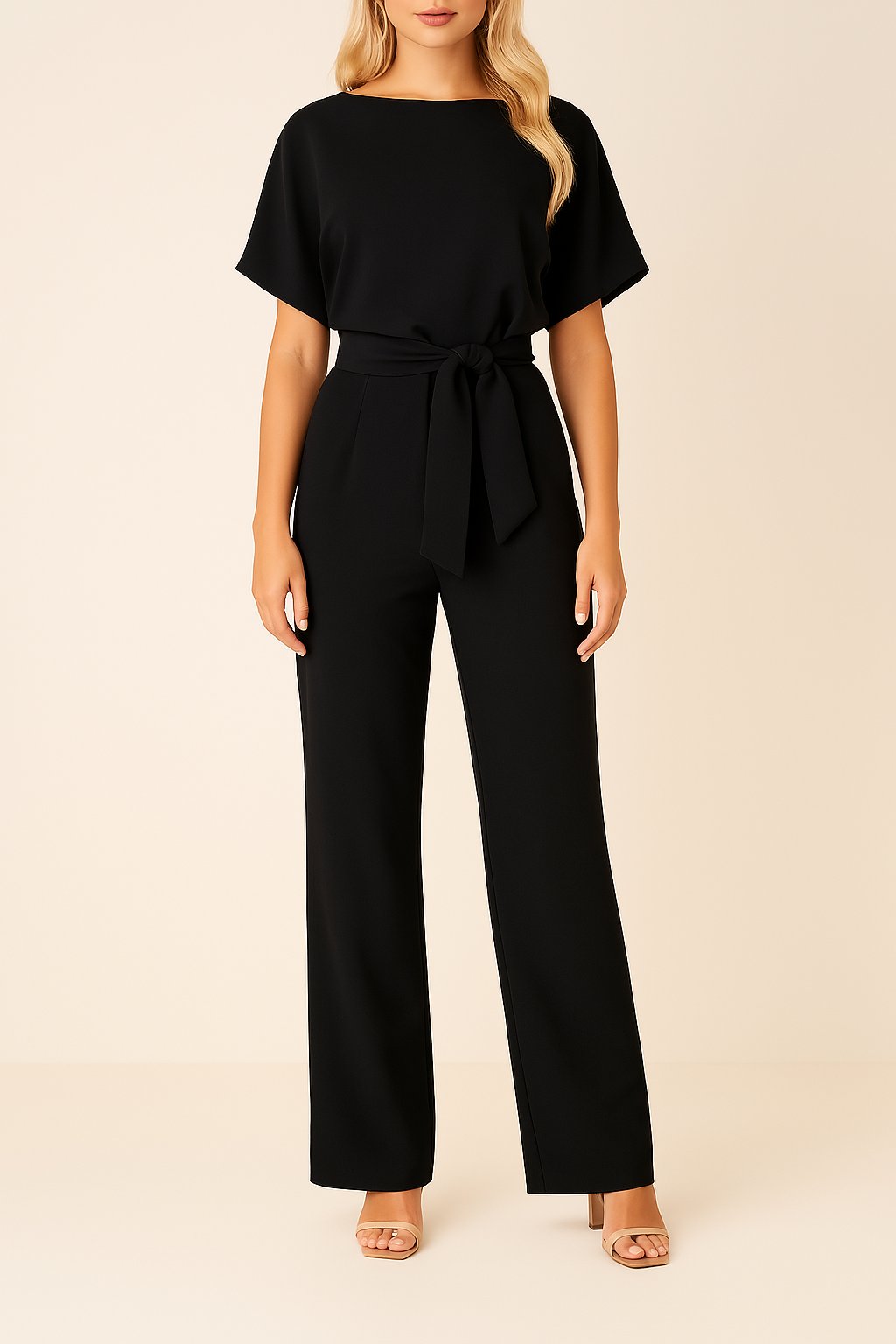 Women's short-sleeve wide-leg belted jumpsuit; elegant one-piece for versatile day-to-night style.