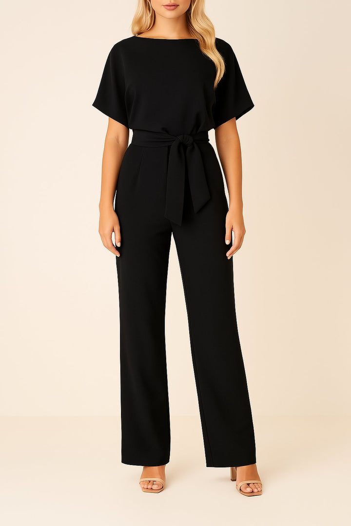 Women's short-sleeve wide-leg belted jumpsuit; elegant one-piece for versatile day-to-night style.