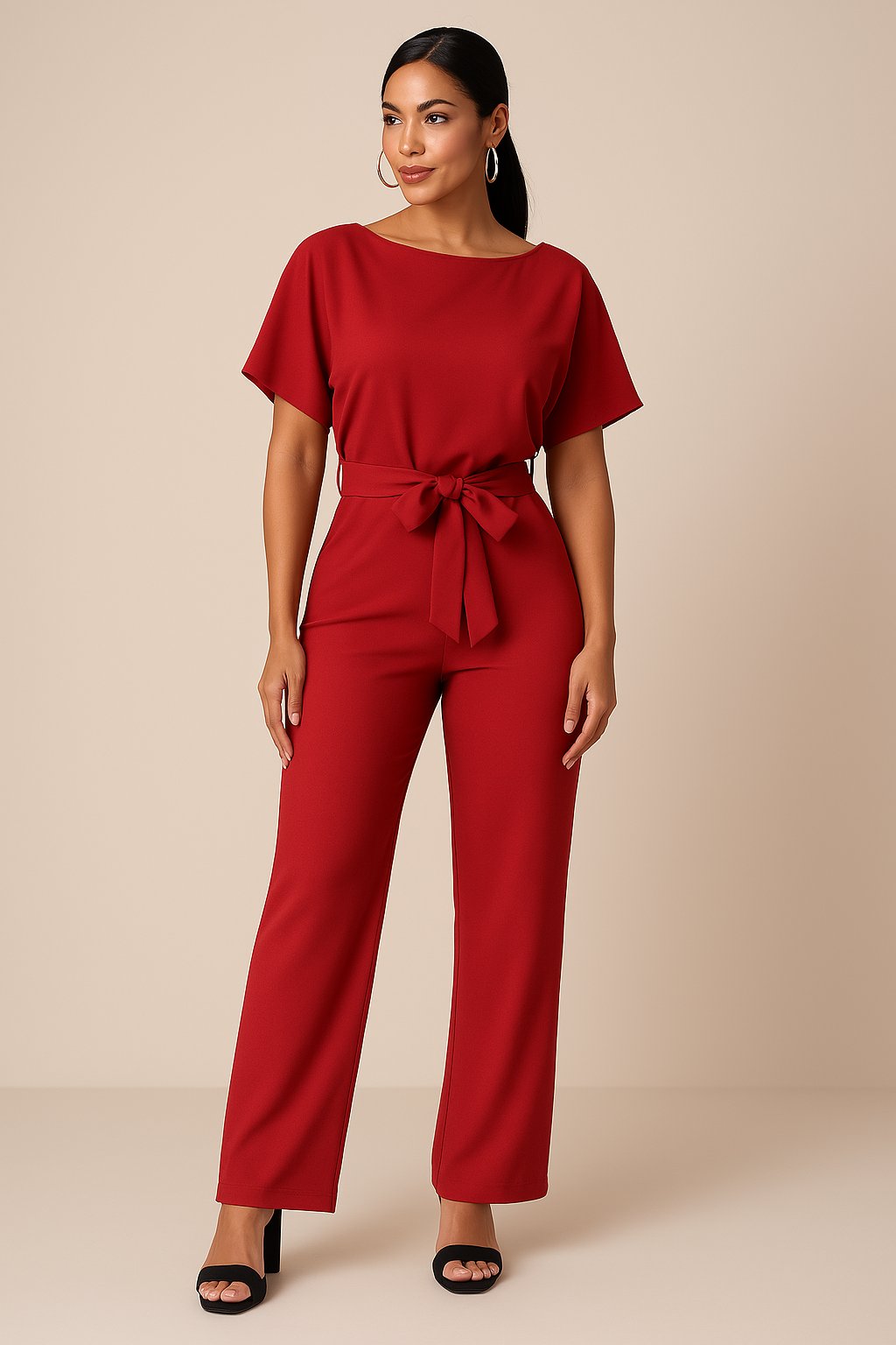 Modern women's wide-leg jumpsuit with short sleeves & belt for a chic, effortless fashion statement.