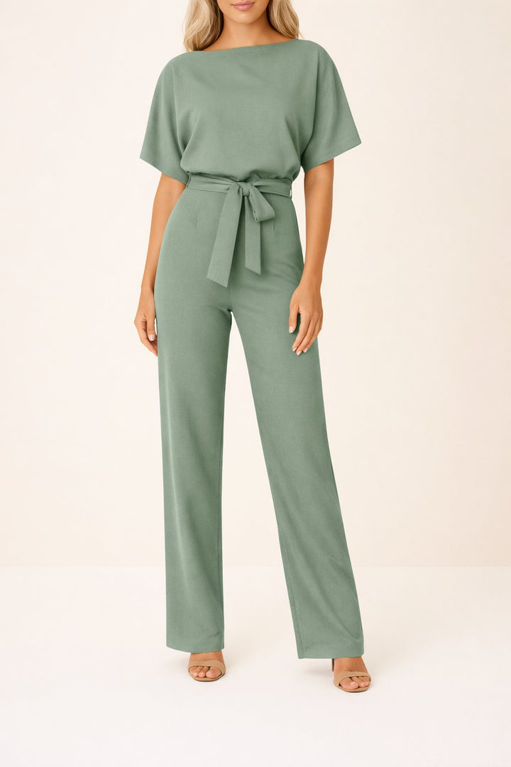 Versatile women's short-sleeve jumpsuit, wide-leg design with an adjustable belt for a flattering fit.