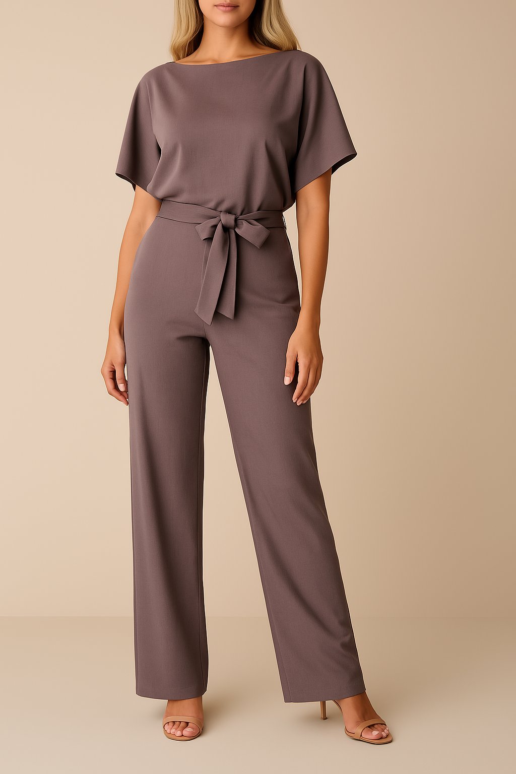 Effortless women's wide-leg jumpsuit with short sleeves and a stylish belt; ideal for any occasion.