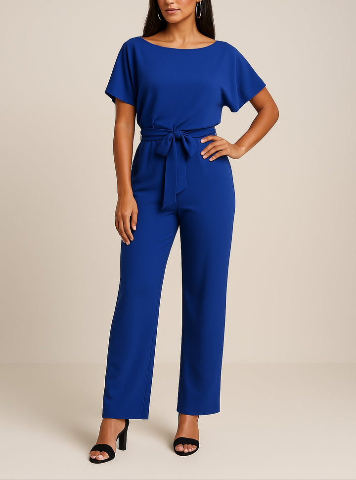 Casual yet elegant women's short-sleeve belted wide-leg jumpsuit; a versatile piece for women's fashion.