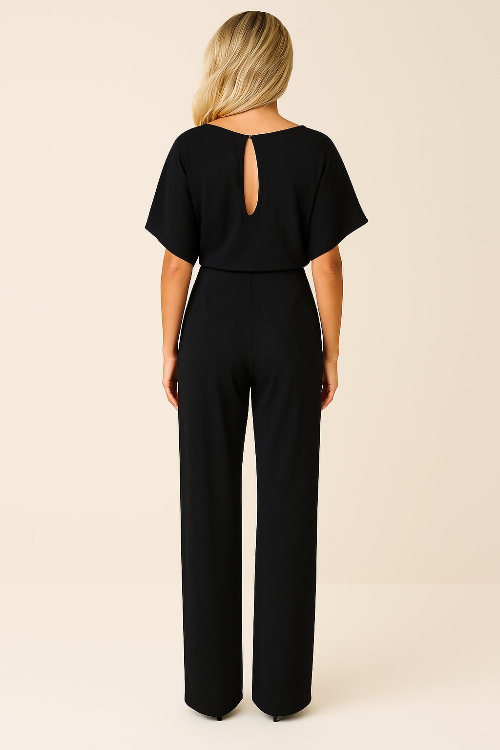 Day-to-night women's wide-leg jumpsuit, short sleeves, and a flattering belt for sophisticated style.