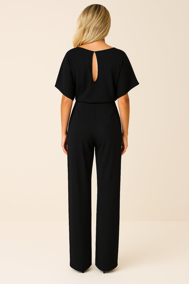 Day-to-night women's wide-leg jumpsuit, short sleeves, and a flattering belt for sophisticated style.