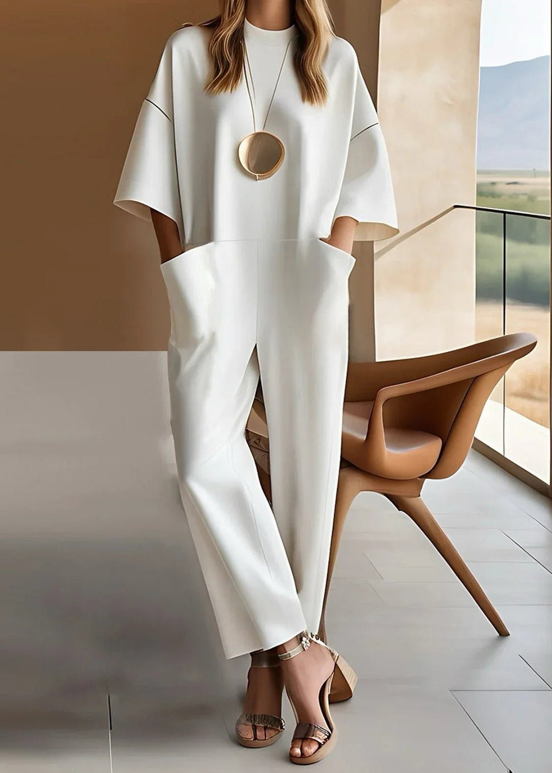 Women's short-sleeve wide-leg jumpsuit with crew neck, relaxed fit, and pockets for comfort & style.