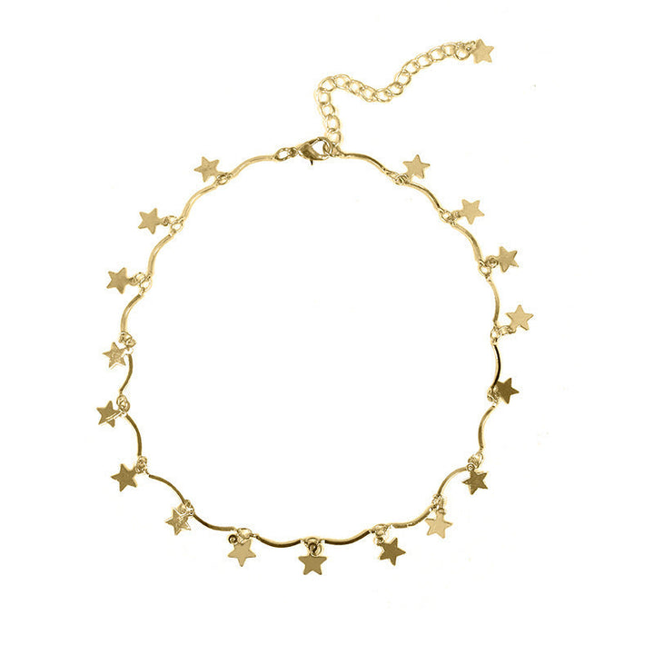 Statement women's necklace: adjustable silver tone linked chain with celestial star charms. Fashion accessory.