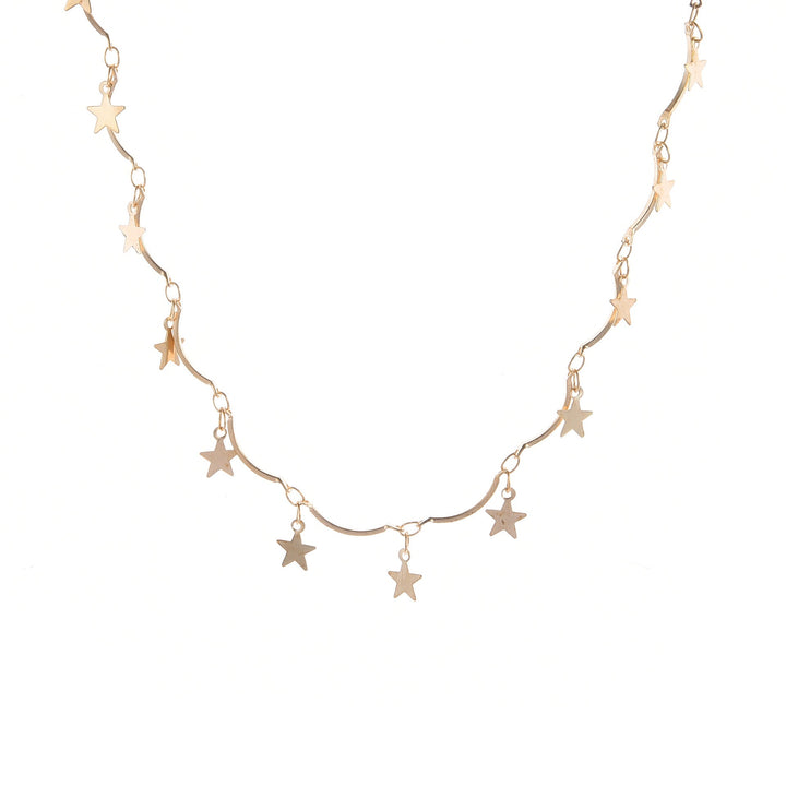 Elegant women's celestial star charm linked chain necklace. Silver tone fashion jewelry, adjustable length.