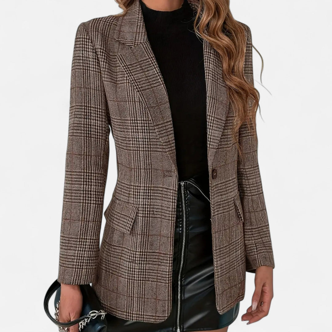 Women's single-breasted plaid blazer, tailored heritage style jacket, perfect for professional office wear.