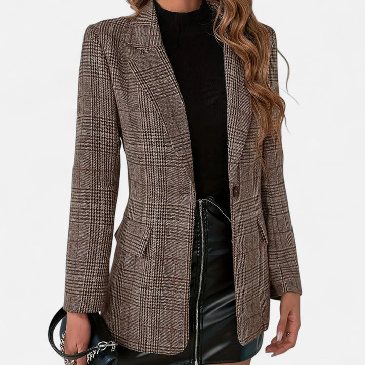Women's single-breasted plaid blazer, tailored heritage style jacket, perfect for professional office wear.