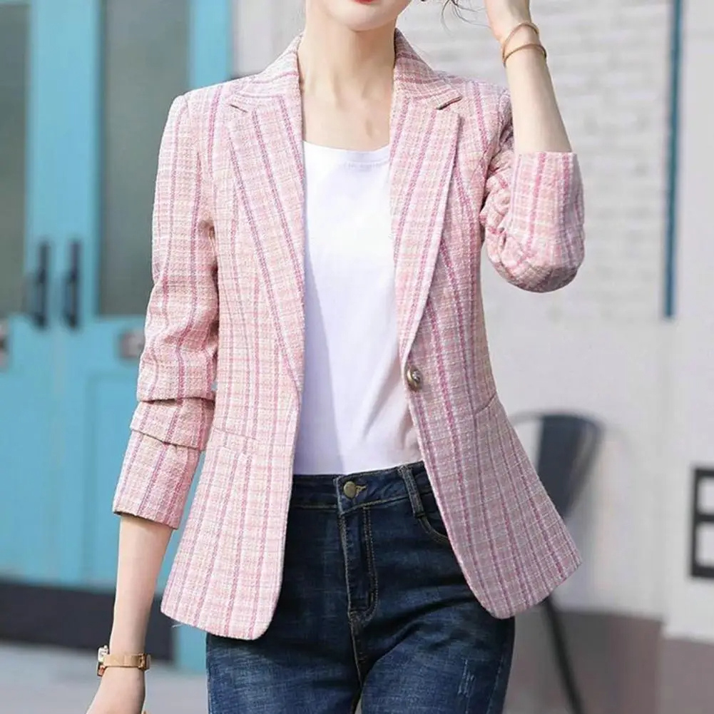 Structured women's tailored blazer with a single button closure, a versatile jacket for professional office style.
