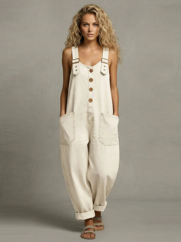 Stylish black women's relaxed fit jumpsuit for casual everyday wear. Versatile one-piece outfit with pockets.
