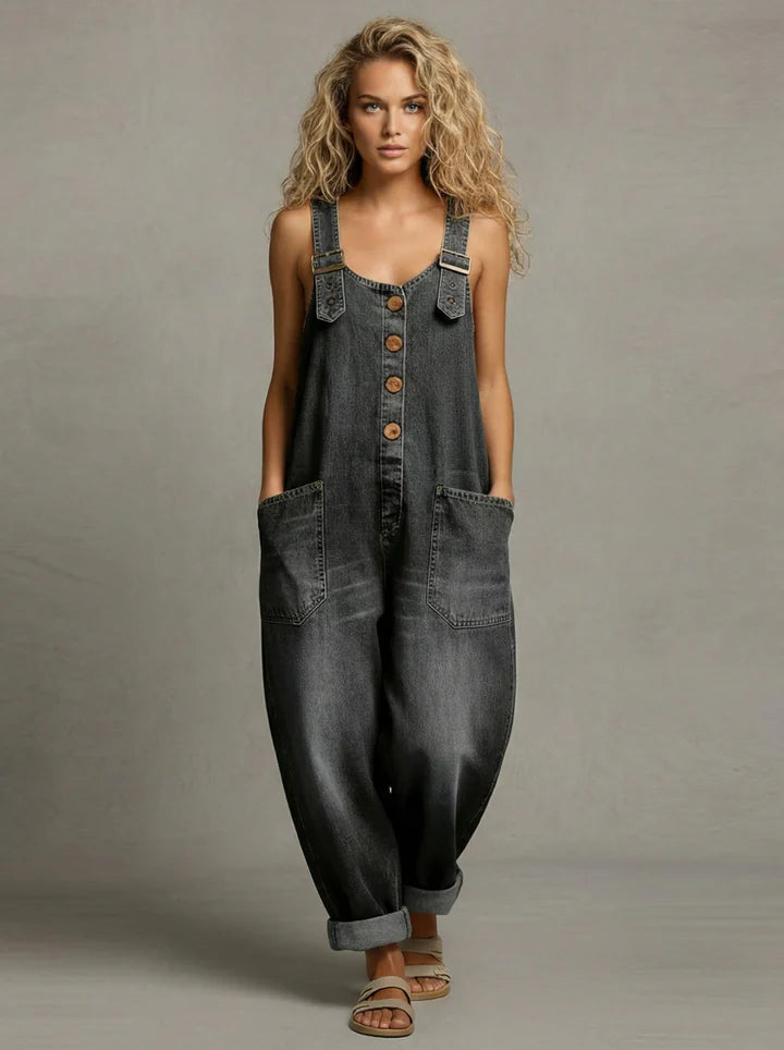 Women's relaxed fit casual jumpsuit in sky blue, beige, or black. Comfortable one-piece for spring & summer style.
