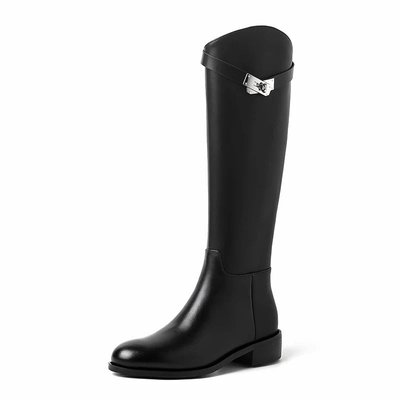 Women's sleek design knee-high boots. Stylish, structured fashion footwear for versatile autumn & winter wear.