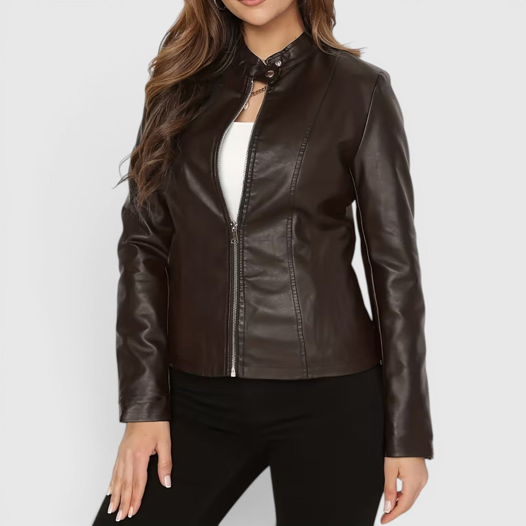 Women's sleek full-zip stand collar jacket, versatile and chic fashion outerwear.