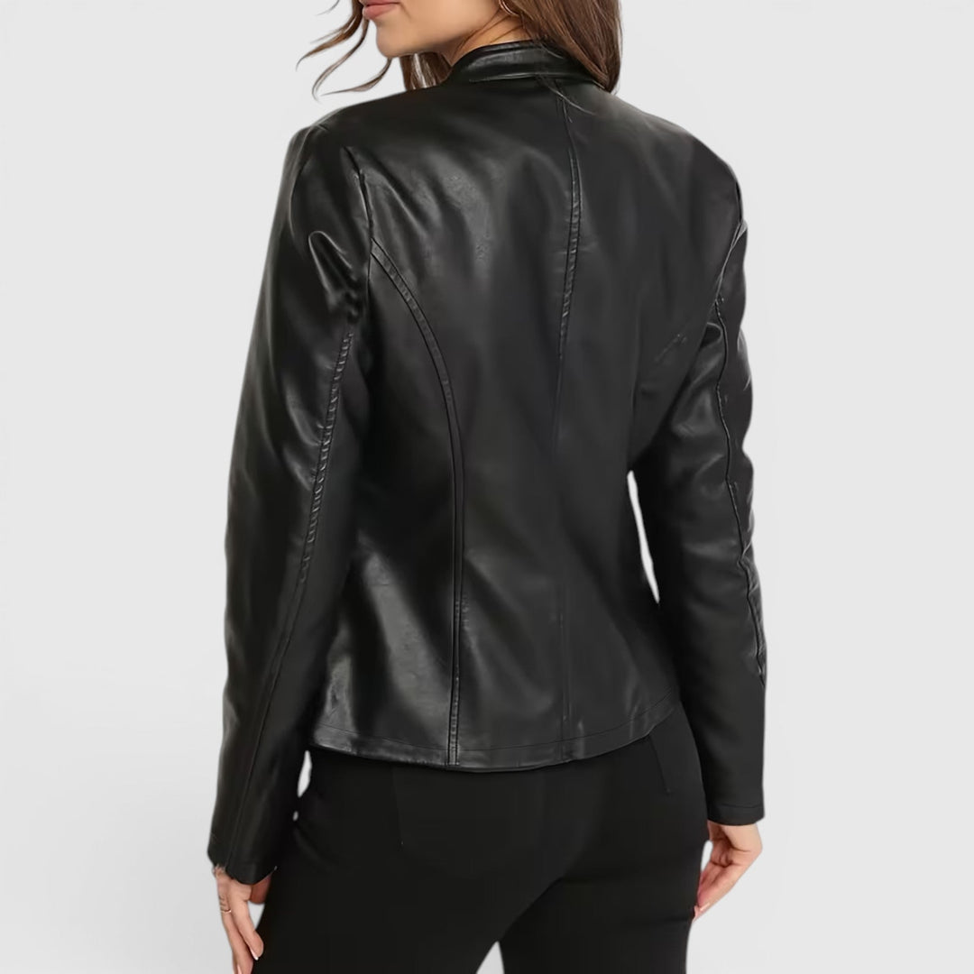 Black women's sleek full-zip stand collar jacket, elegant and casual fashion outerwear.