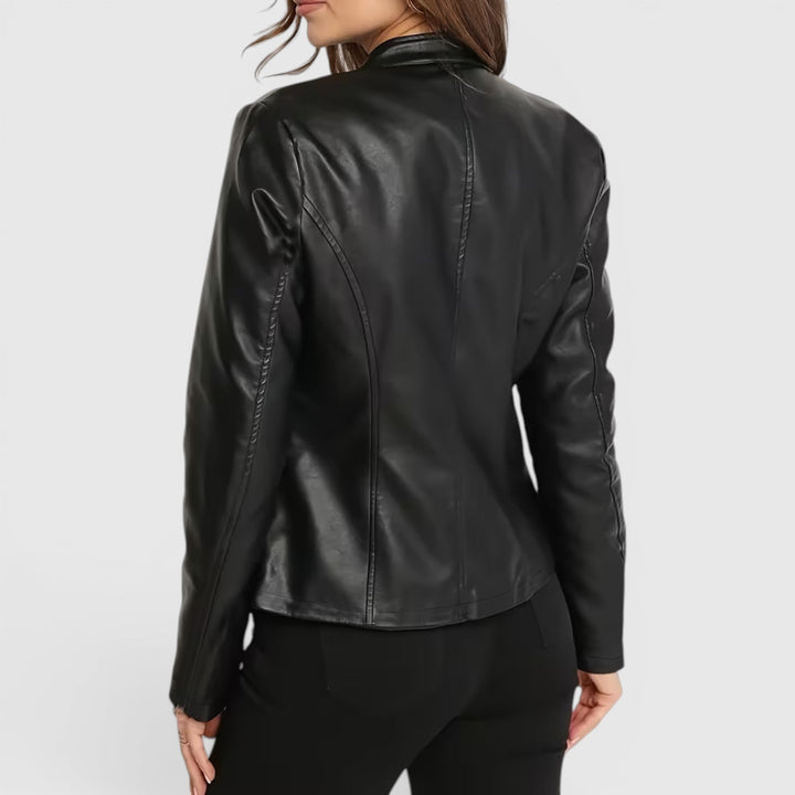 Black women's sleek full-zip stand collar jacket, elegant and casual fashion outerwear.