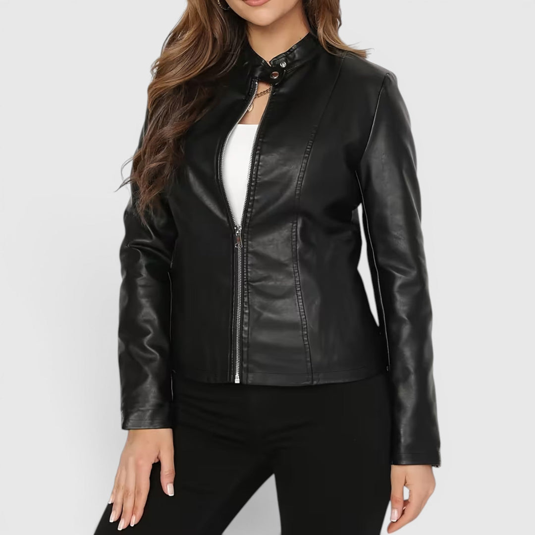 Burgundy women's full-zip jacket with stand collar, perfect for all-season chic style.